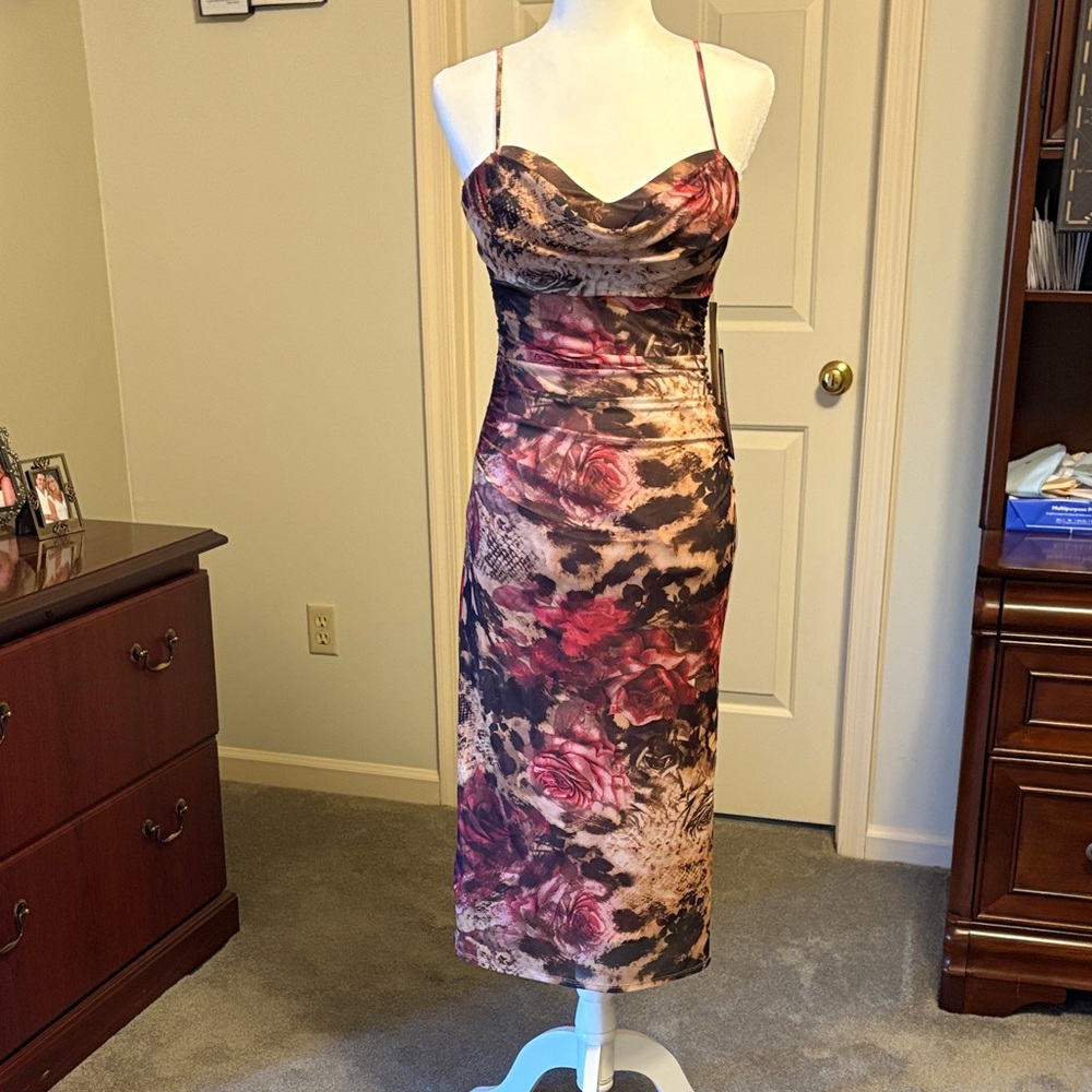 Chic Leopard and Rose Print Midi Dress